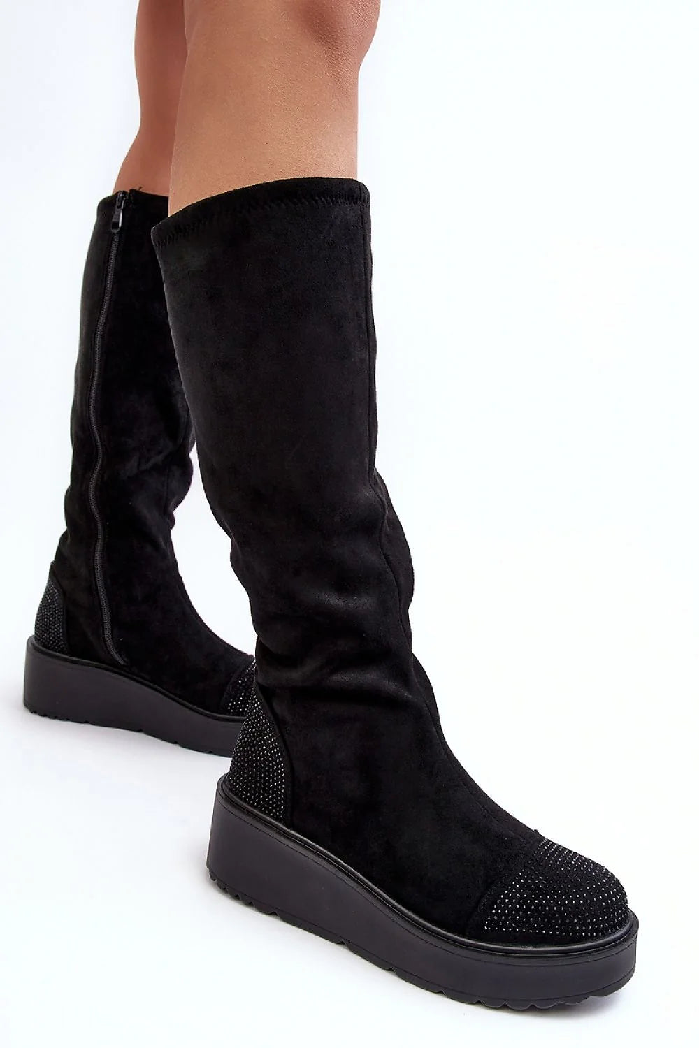 Bottes cothurnes éco-suede noire pour femme, strass scintillants, plateforme massive, fermeture éclair, talon rigide, style moderne et élégant