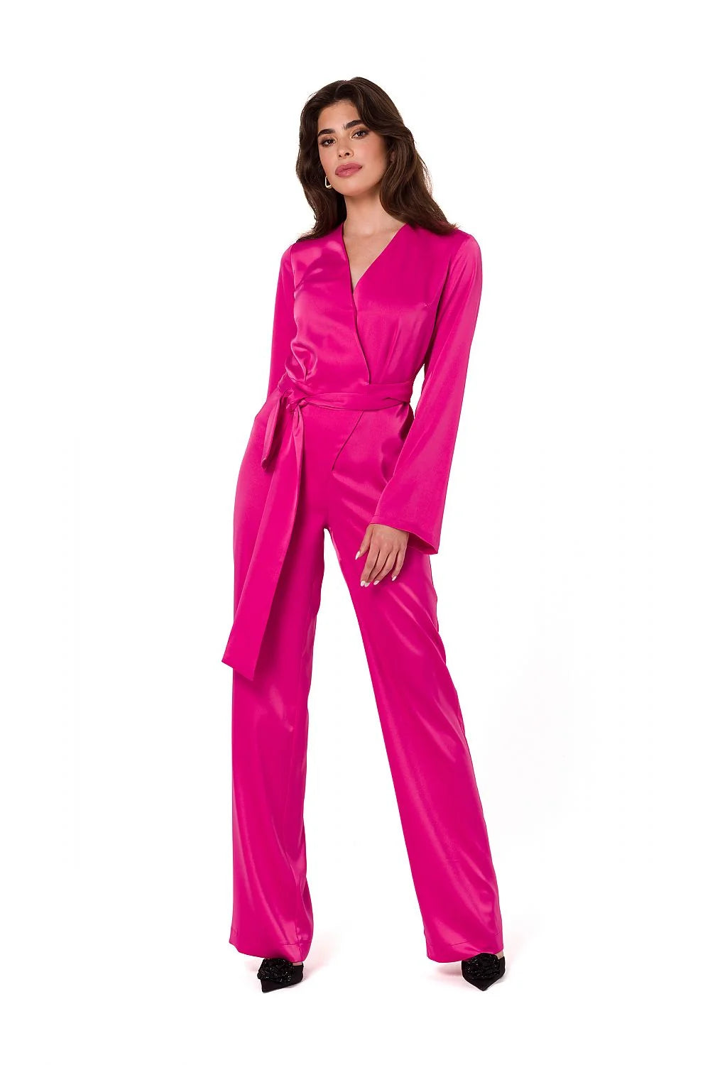 Pantalon femme Makover satin fuchsia couleur vive coupe droite taille haute occasion soirée élégance moderne style intemporel