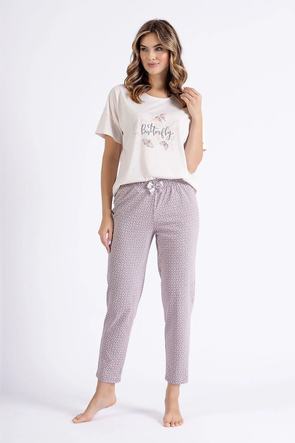 Pyjama femme M-Max en coton doux imprimé papillon coupe ample manches courtes pantalon 7/8 élastique pour confort maison détente