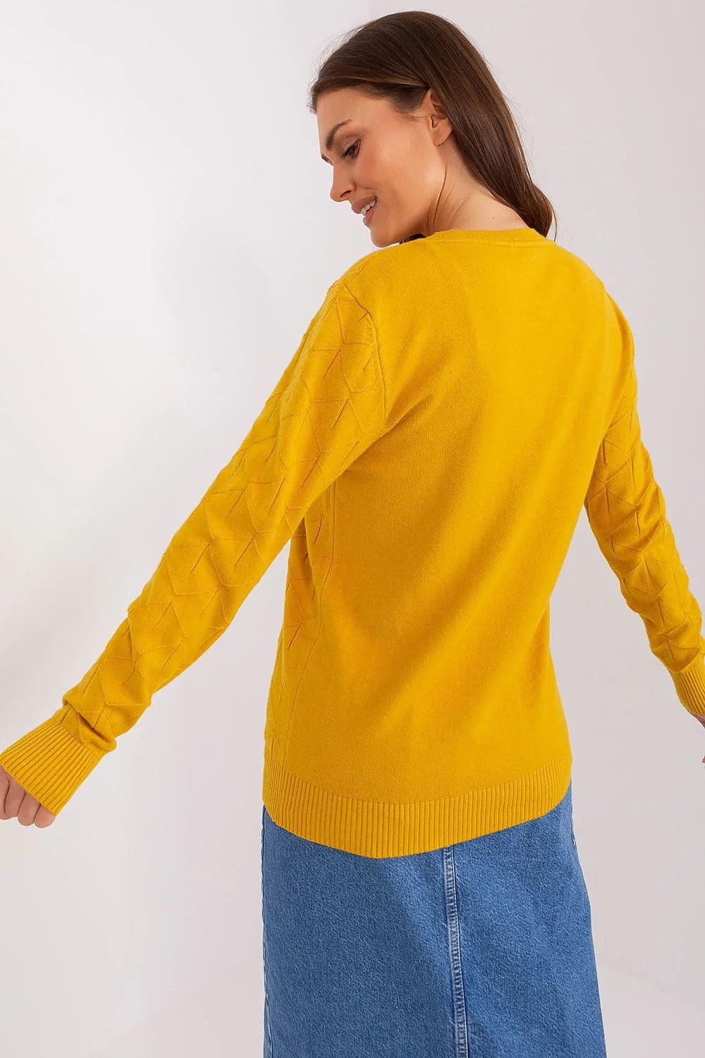 Pull pour femme jaune moutarde maille motif géométrique col rond manches longues coton laine ajusté polyvalent