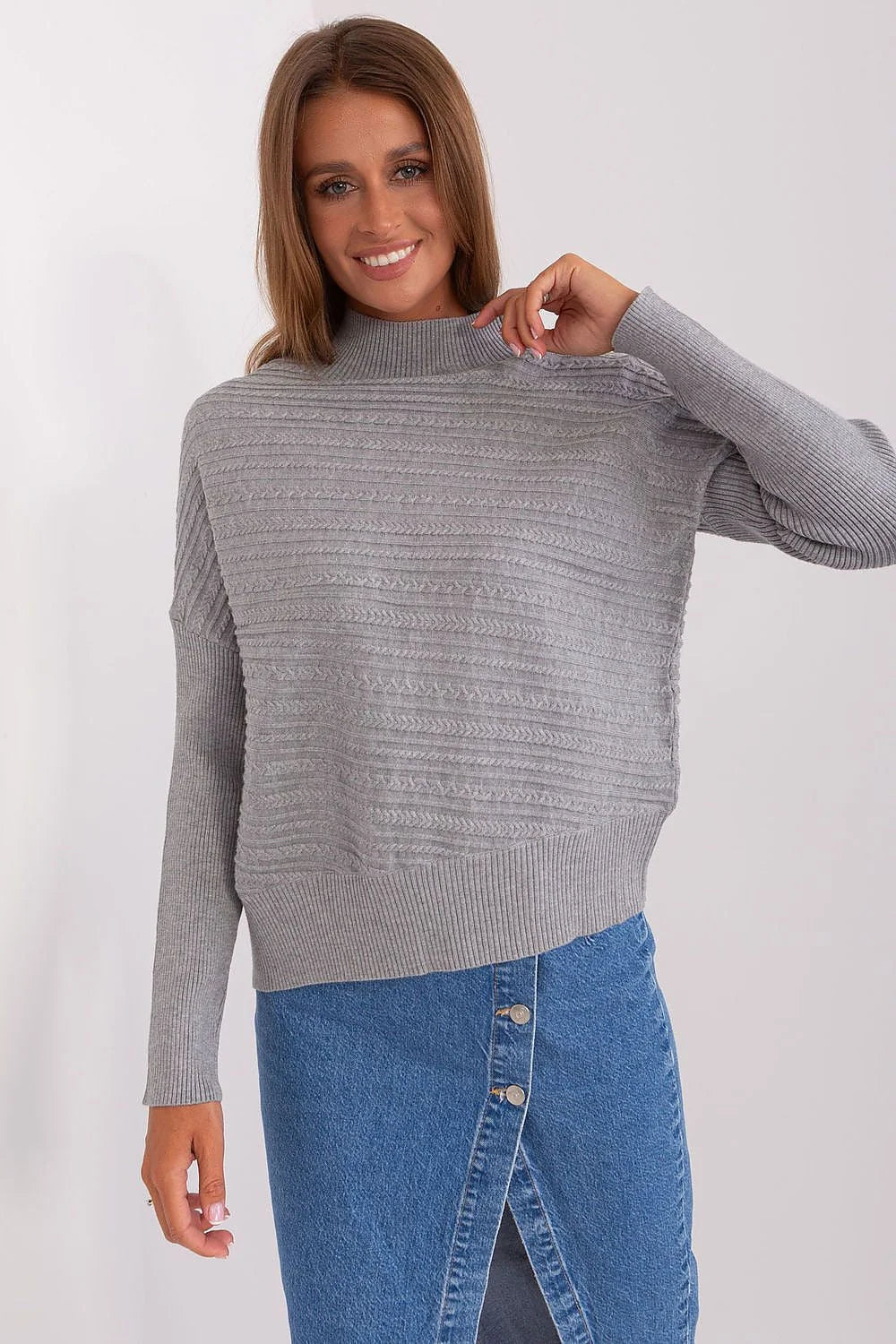 Pull femme Chandail AT tricot texture gris clair manches longues col montant côtelé style décontracté