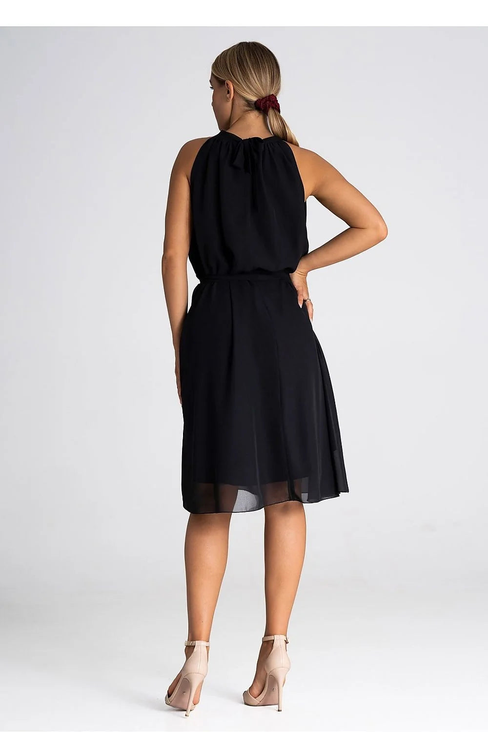 Robe de soirée élégante longue en mousseline de soie encolure dos nu ceinture ajustable pour femme