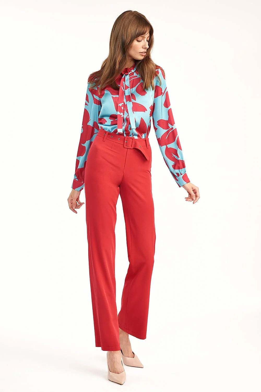 Pantalon femme taille haute rouge corail jambes larges chic élégant bureau confort tendance