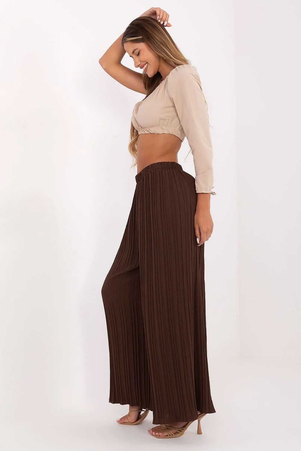 Pantalon femme large plissé Italy Moda taille haute élastique couleur brun riche style moderne occasion décontractée semi-formelle