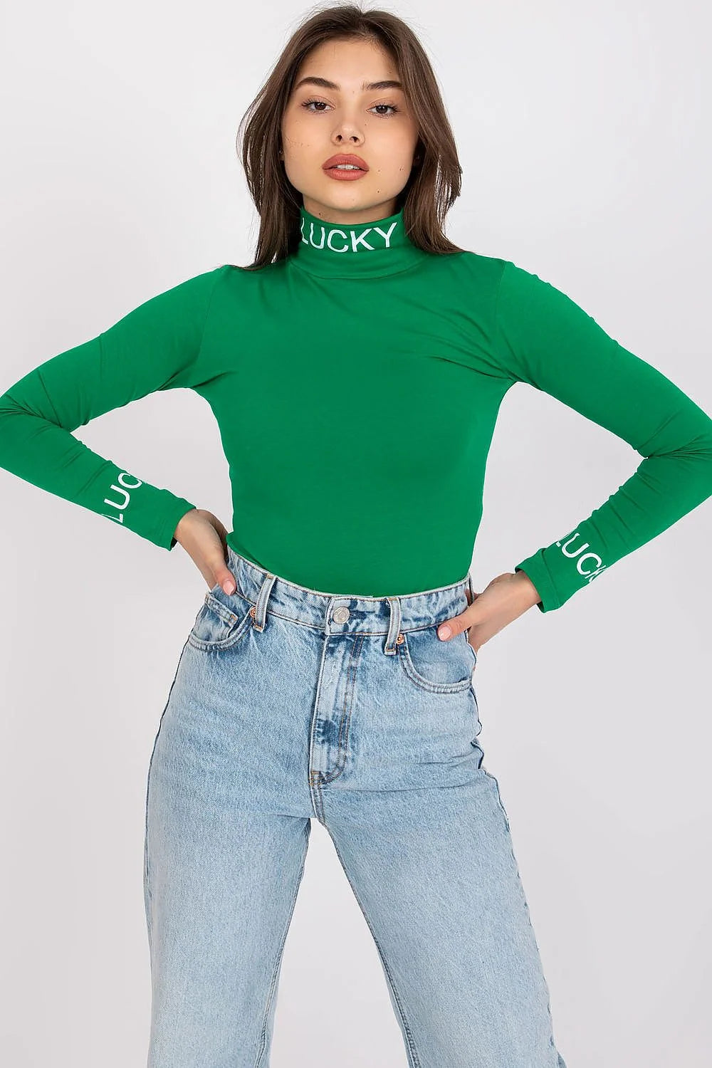 Chemisier Ex Moda en coton stretch ajusté col roulé lettres contrastantes manches longues pour femme style moderne