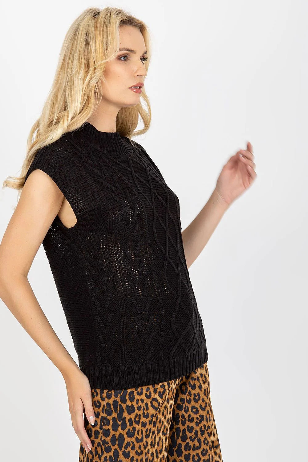 Gilet sans manches Sublevel en tricot noir motif torsades femme taille ajustable coupe décontractée occasion polyvalente