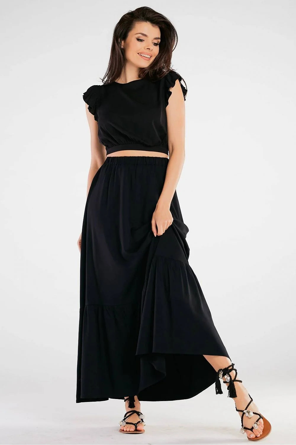 Robe longue élégante rouge viscosé femmes volants manches courtes taille élastiquée dos nu style été
