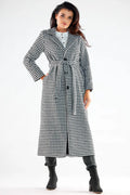 Manteau long pour femme pied-de-poule noir et blanc coupe droite boutons noirs ceinture polyester 100% mode ville soirées