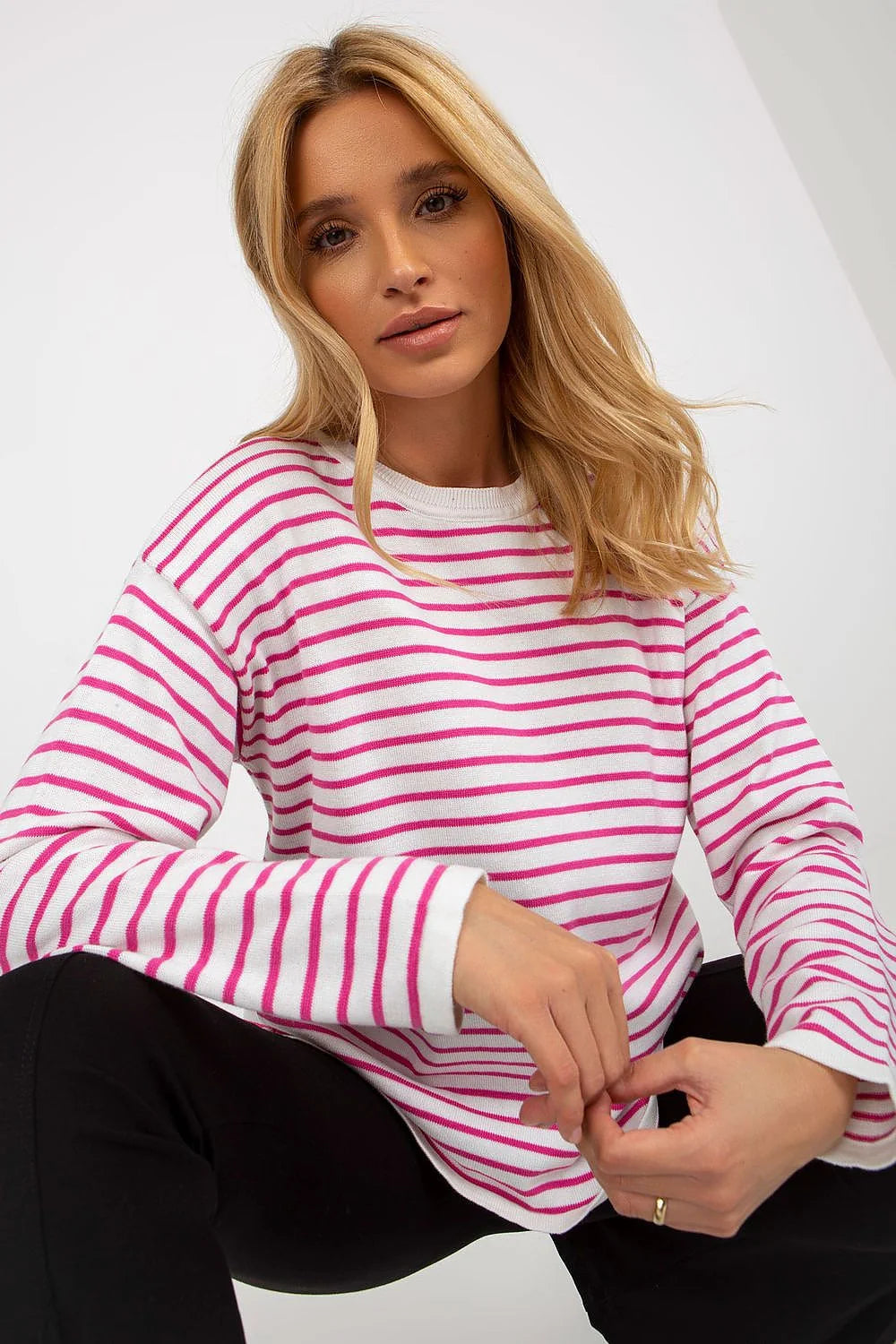 chandail femme Rue Paris marinière rayures fuchsia blanches manches longues encolure bateau maille fine coton mélange coupe oversize