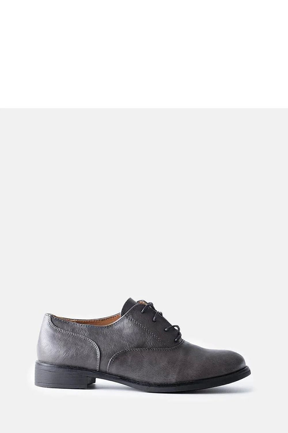 Chaussures basses Solea en simili cuir grises classiques Oxford fermeture lacets œillets métalliques coupe basse bout rond talon carré semelle caoutchouc confortable durabilité femmes