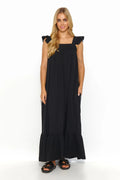robe longue Makadamia noire maxi été fluide ample droite bretelles larges volantées encolure carrée plissée ourlet volant bohème