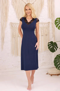 chemise nuit viscose douce bleu marine midi encolure V dentelle florale manches courtes festonnés coupe droite extensible respirante cadeau élégant