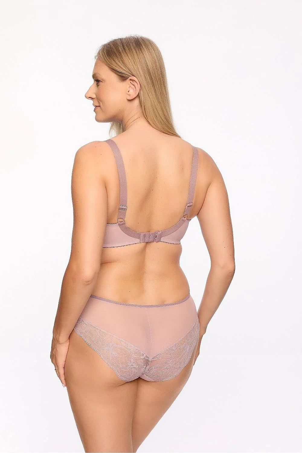 Soutien-gorge semi-rembourré Gaia en dentelle mauve pastel baleines inférieures bretelles larges en satin coupe en深 dentelle doublée cuissardes femmes lingerie élégante