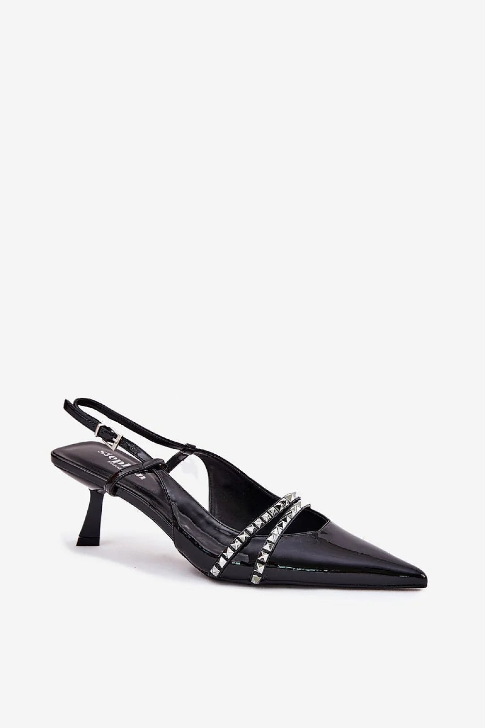 Escarpins à talons fins en cuir écologique noir vernis boucle ajustable bout pointu clous métalliques femmes