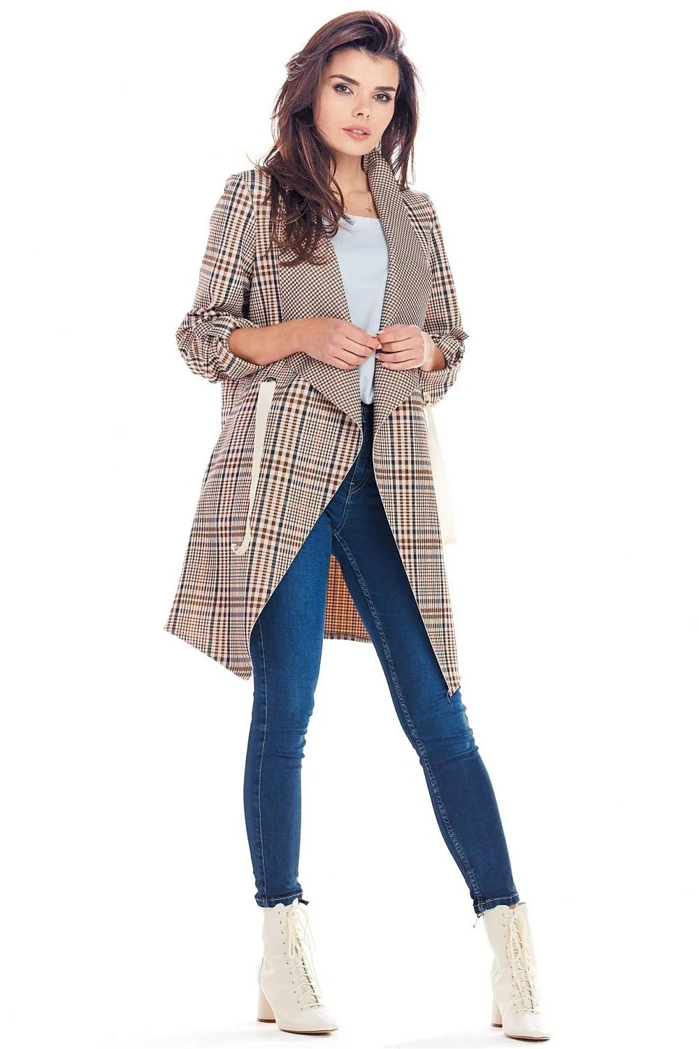 Blazer femme polyester chic moderne à carreaux noir blanc orange ceinture tendance élégant automne