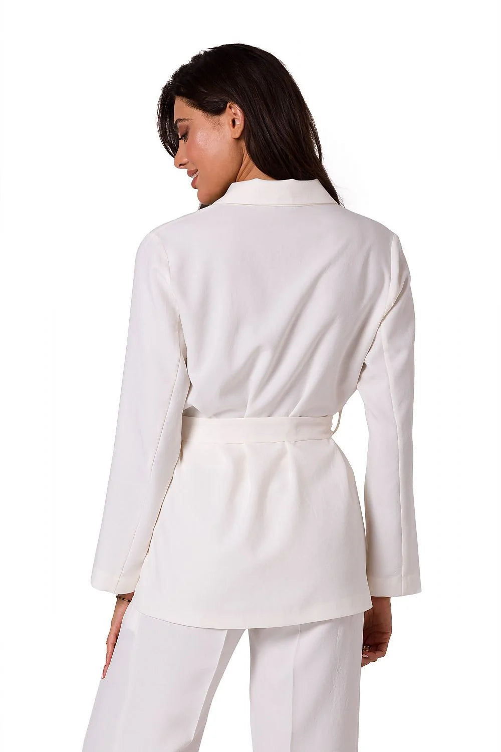 Ensemble femme blazer chemisier manches longues pantalon droit taille ajustable style élégant matériau léger couleur blanc pur