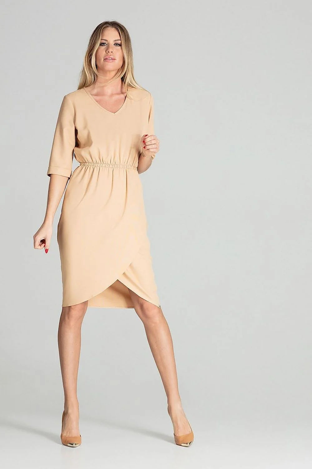 robe midi femme bleu ciel manches trois quarts col rond taille élastique jupe portefeuille asymétrique coupe blousante cintrée