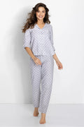 pyjama femme coton doux confortable élégant gris clair pois blancs manches trois quarts col V boutonné