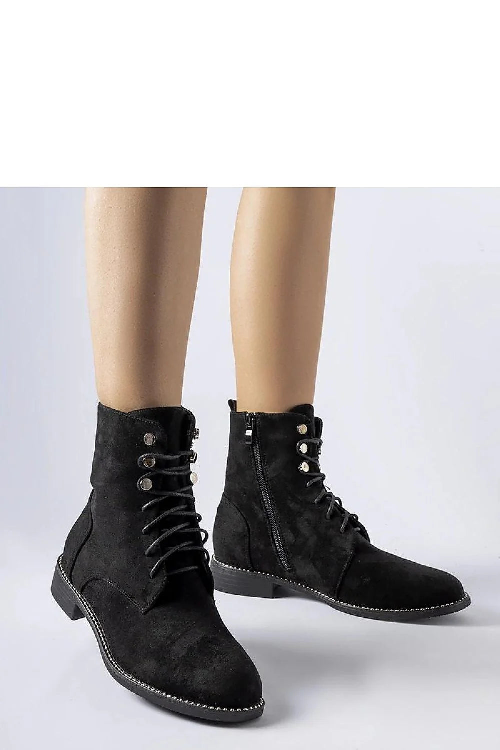 Bottines élégantes femmes design moderne éco-suède noir coupe haute cheville fermeture laçage argenté occasion quotidienne chic