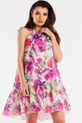 robe jour élégante mousseline imprimée florale courte estivale sans manches col halter froncée coupe trapèze ourlet volanté légère fluide doublée