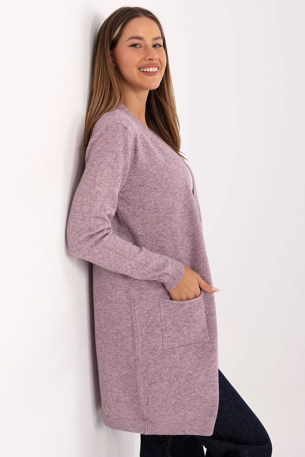 cardigan femme long mi cuisses lilas chiné maille douce légère viscose modal nylon manches longues poches plaquées bords côtelés ouvert