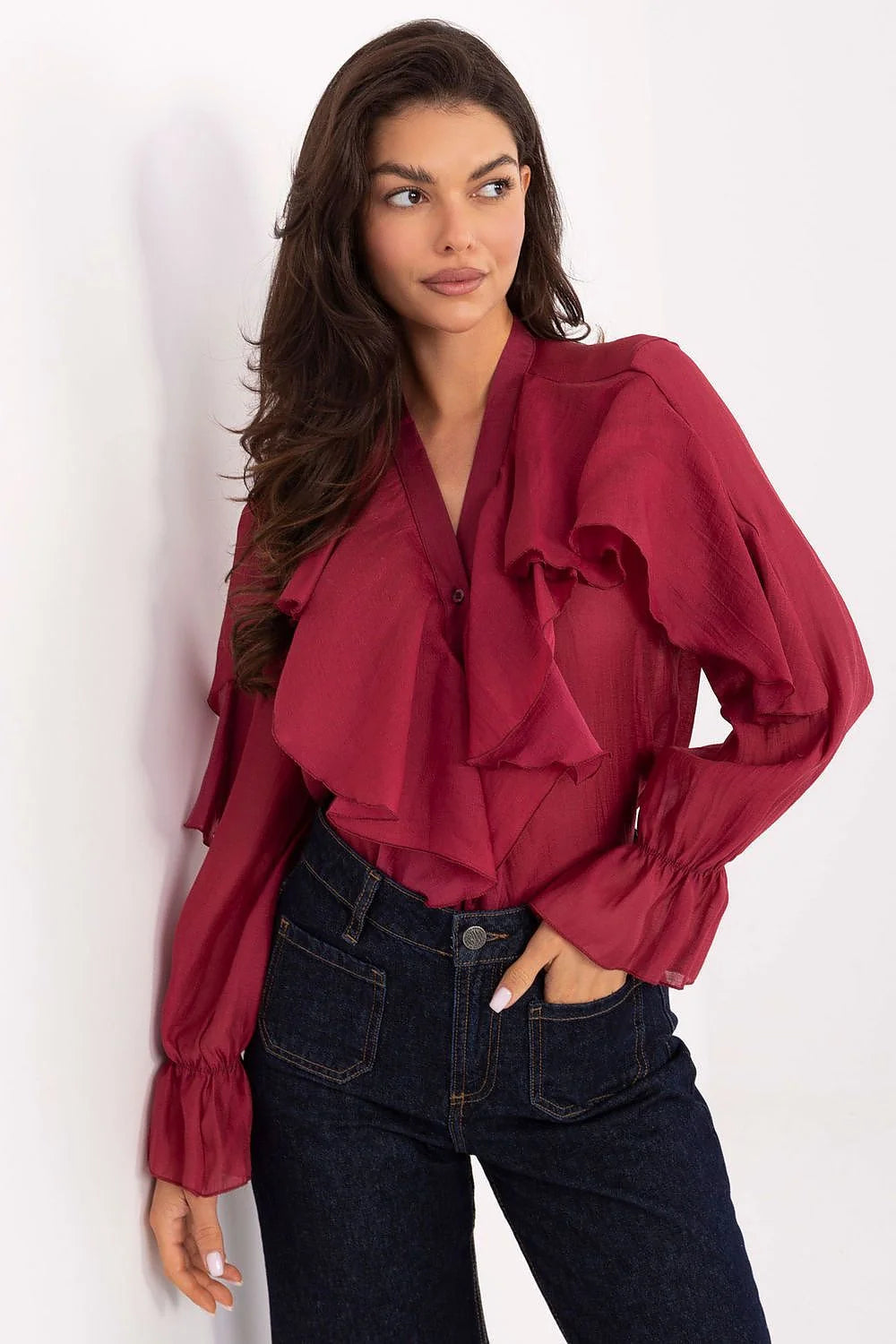 chemise femme manches longues volantée bordeaux col V jabot cascade boutons lyocell polyester fluide légère élégante durable