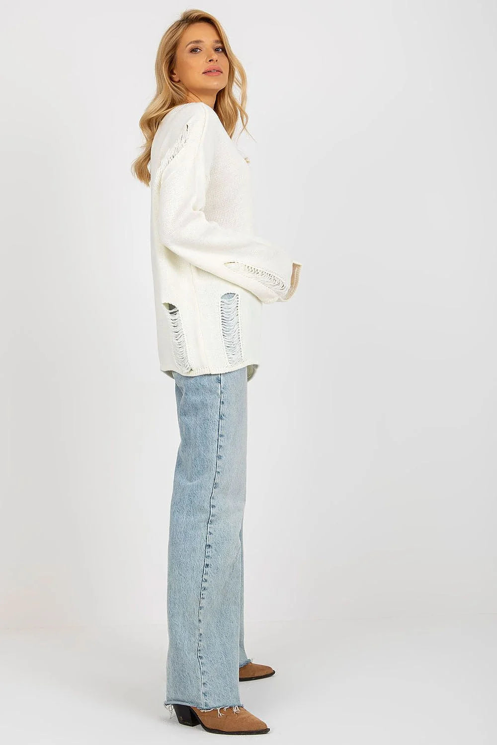 pull décontracté effet déchirure manches longues coton mélange femme casual chic blanc cassé coupe ample encolure bateau