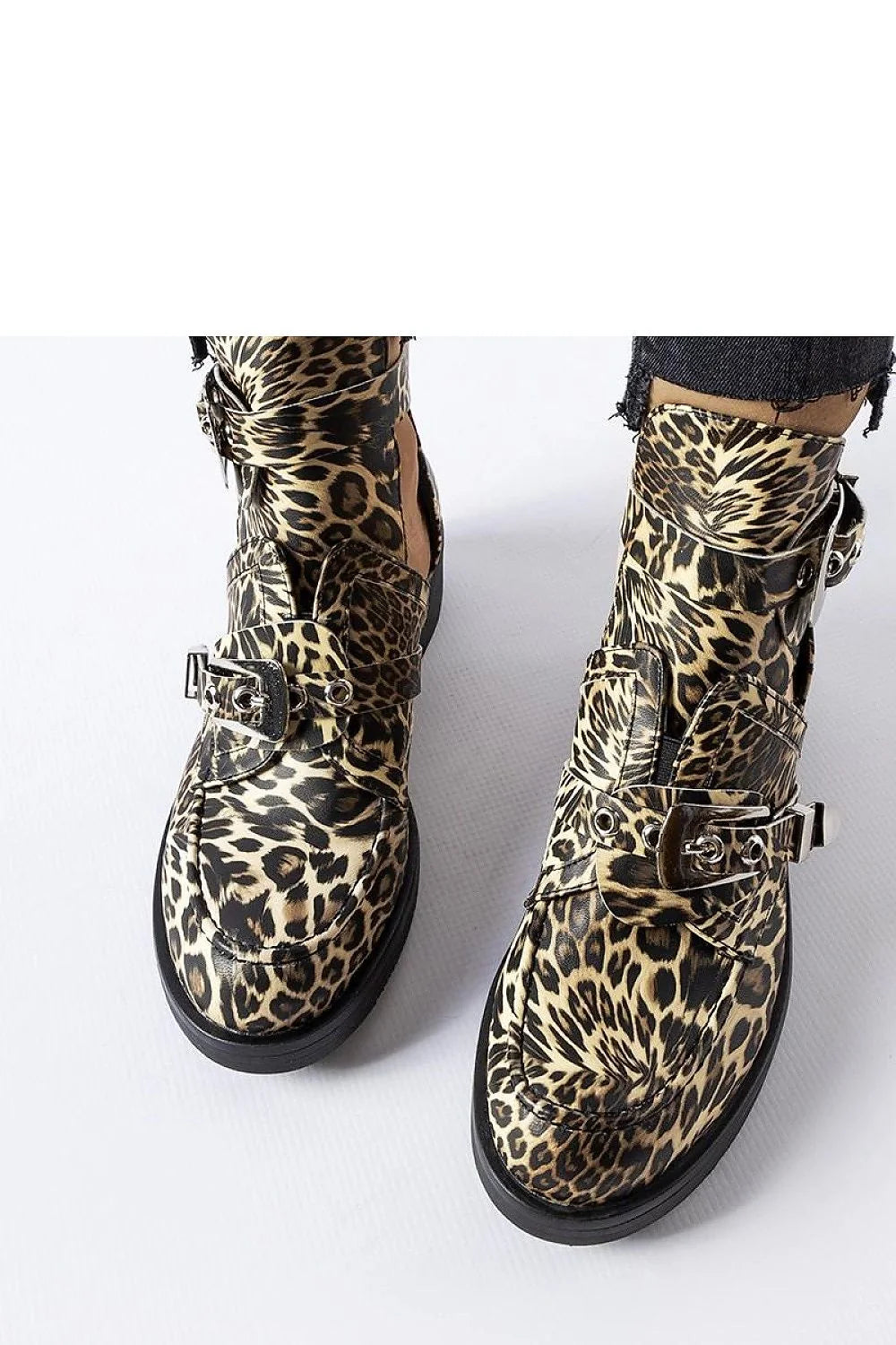 Bottines audacieuses pour femmes imprimé léopard talon plat métallique cuir synthétique mode punk rock