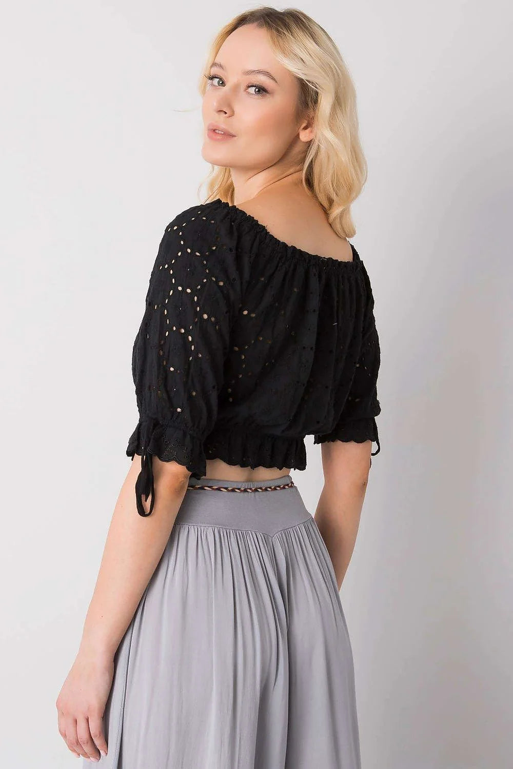 Ensemble féminin bohème été crop top jupe longue coton dentelle noire grise taille ajustable femme