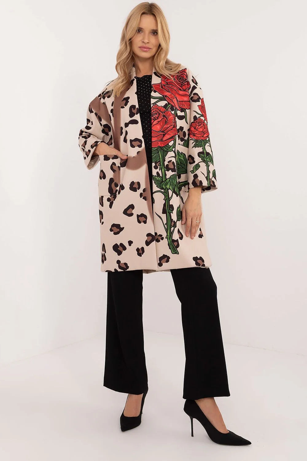 Manteau pour femme Italy Moda transitional longueur standard manches longues tissu léger automne-hiver printemps imprimé roses strass poches glissière