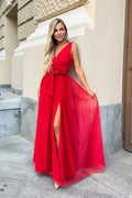 Robe de soirée élégante longue sans manches décolleté en V croisé ceinture rouge vif femme occasion spéciale