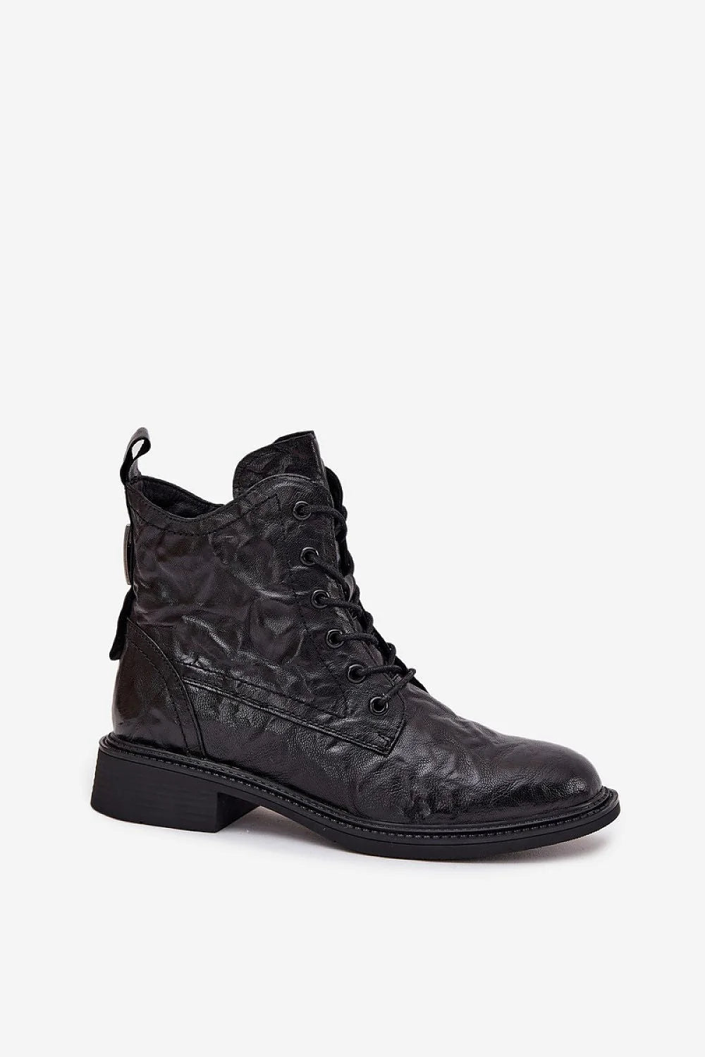 bottines femme cuir naturel noir texturé patiné lacé fermeture éclair latérale tige froissée talon bloc semelle robuste