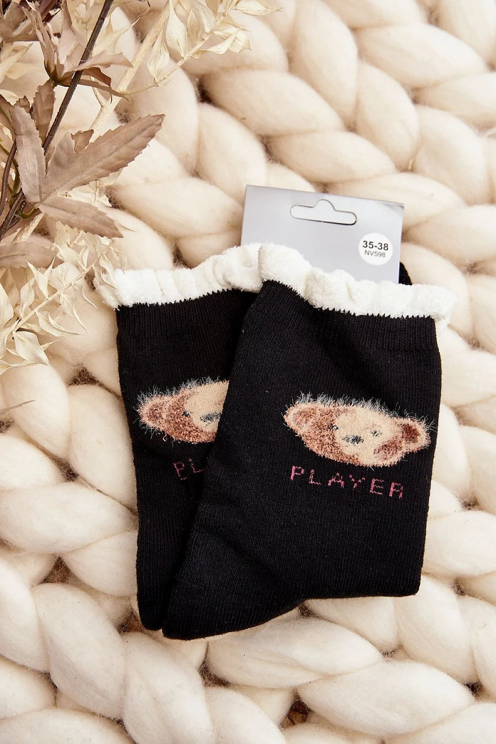 Chaussettes féminines chaudes design ours motif PLAYER coton élasthanne polyamide noires beige roses