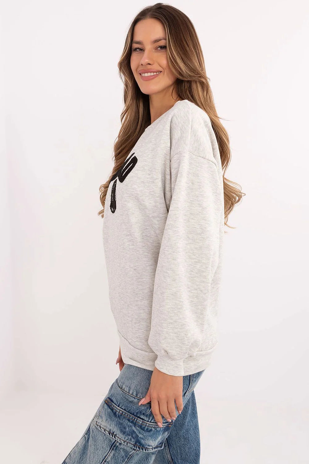Sweatshirt femme universitaire Harvard style casual coton polyester gris clair noir manches longues écusson élastique