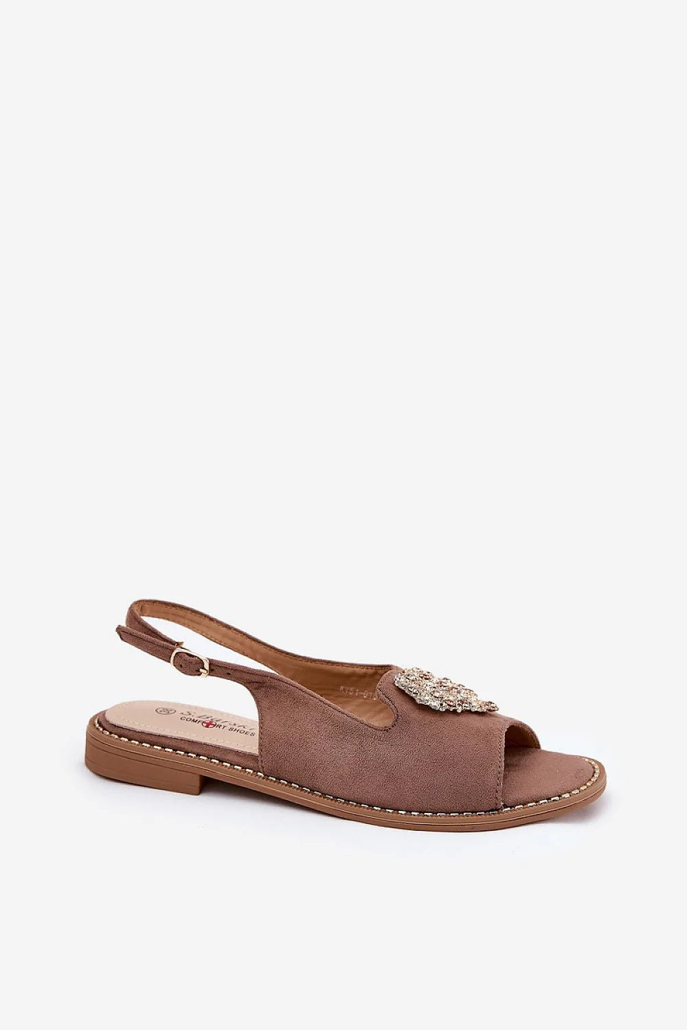 sandales femme élégantes ouvertes cœur strass multicolores suédine écologique taupe semelle plate intérieure confort bride réglable surpiqûre contrastée SBarski