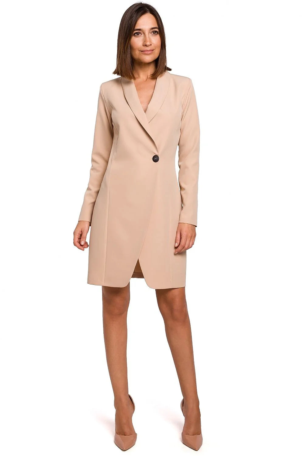 Robe-blazer blanche en polyester élastane chic et élégante, col revers, pour femme professionnelle chic