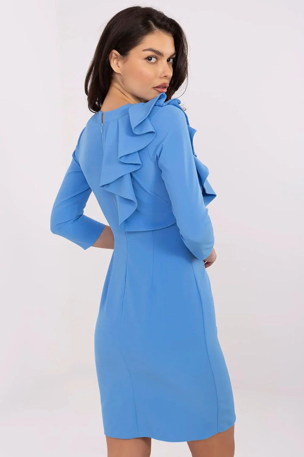 Robe de cocktail ajustée manches 3/4 volant épaule couleur bleu vif polyester élasthanne coton taille ajustable femme