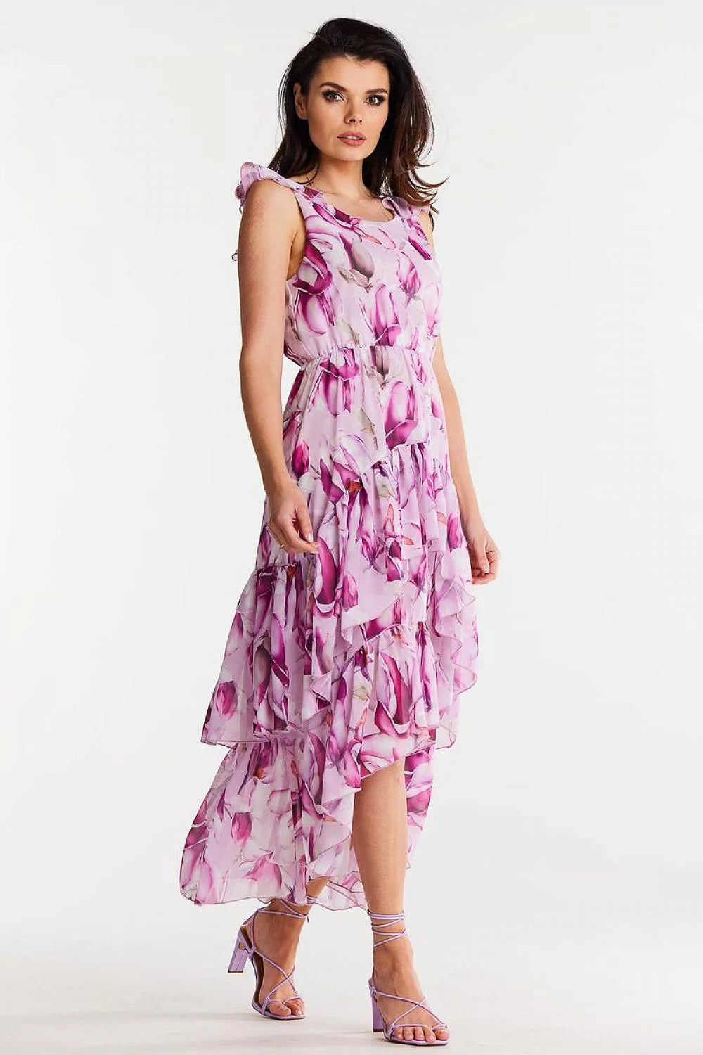 Robe de jour élégante asymétrique imprimé floral rose violet mousseline élastique taille ajustable femmes
