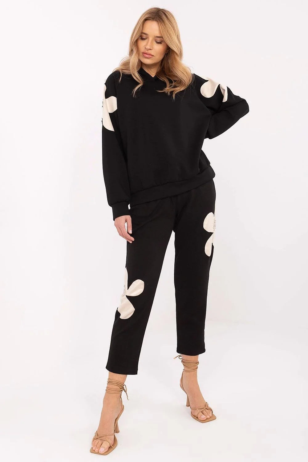 Ensemble coordonné Italy Moda pour femme, sweat et pantalon noir floral, style moderne décontracté, matériau confortable, coupe ample élastiquée