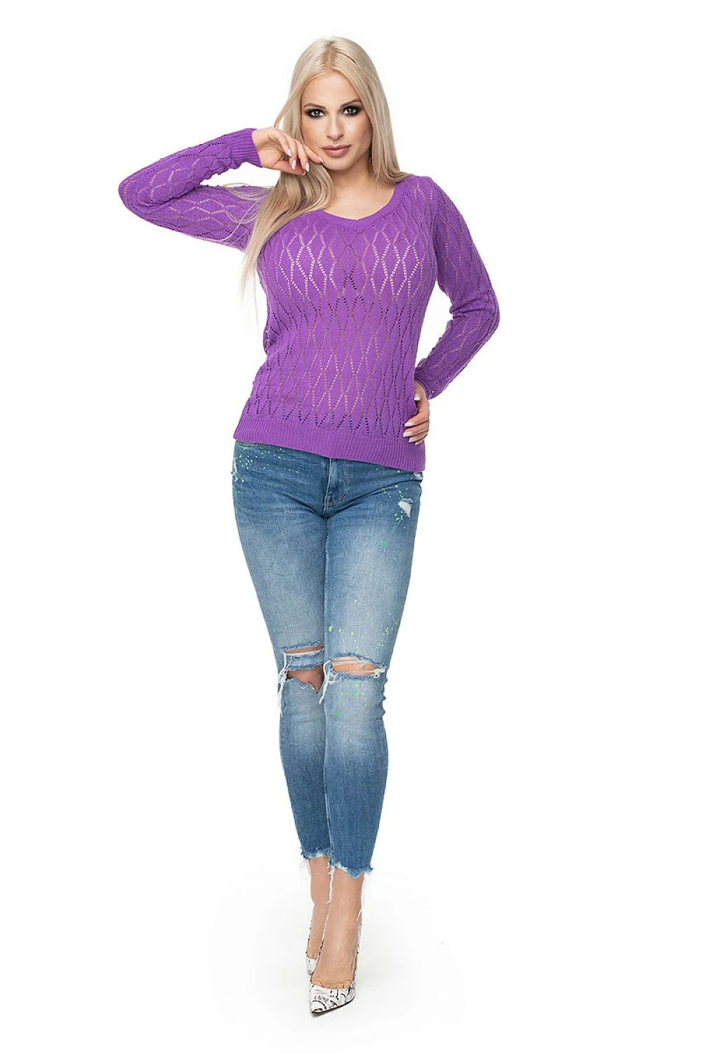 Chandail féminin à encolure V en maille ajourée motif losange couleur rouge vif manches courtes ajusté