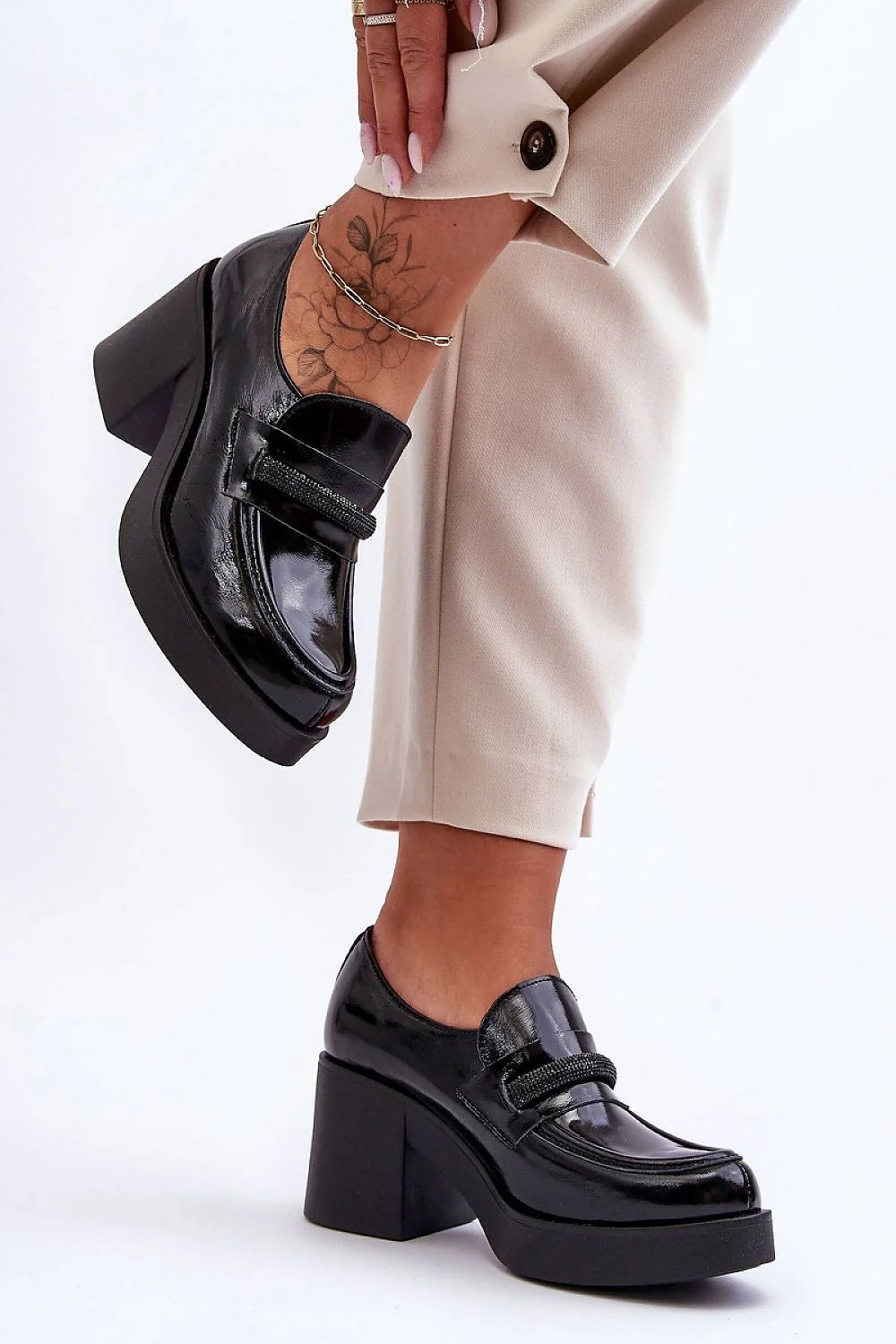 Chaussures basses à talons Step in style mocassin cuir verni noir talon compensé semelle caoutchouc femme confort élégance quotidien semi-formel
