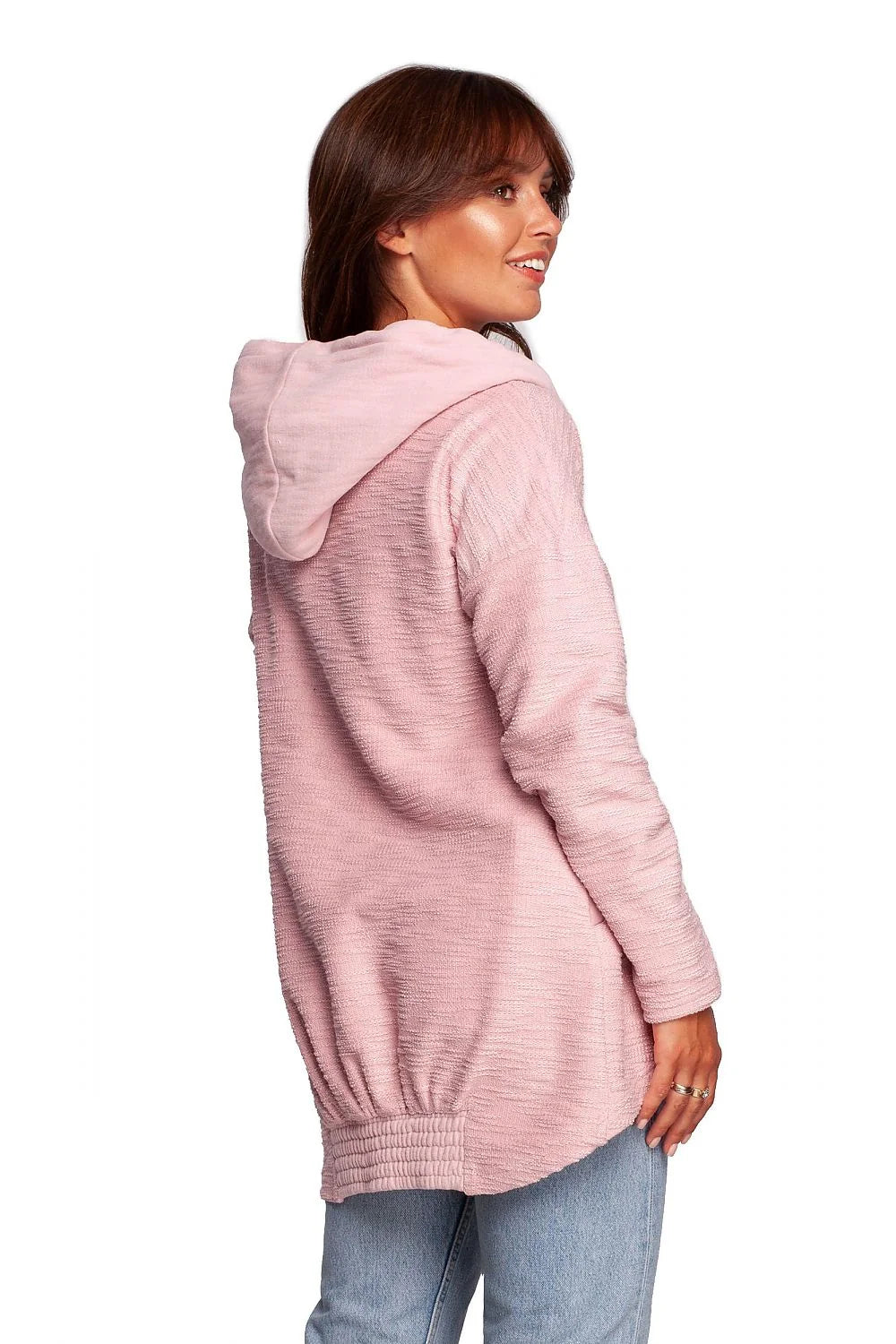 sweatshirt oversize femme crème coton doux confortable coupe ample tunique asymétrique col cheminée cordons pastilles marron poches latérales manches longues