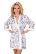 Peignoir féminin élégant design floral rose bleu kimono longues manches ceinture ajustable satin blanc robe de chambre