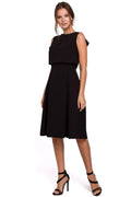 robe soirée Makover noire midi sans manches dos nu col bateau taille haute jupe évasée plissée crêpe élégante femme