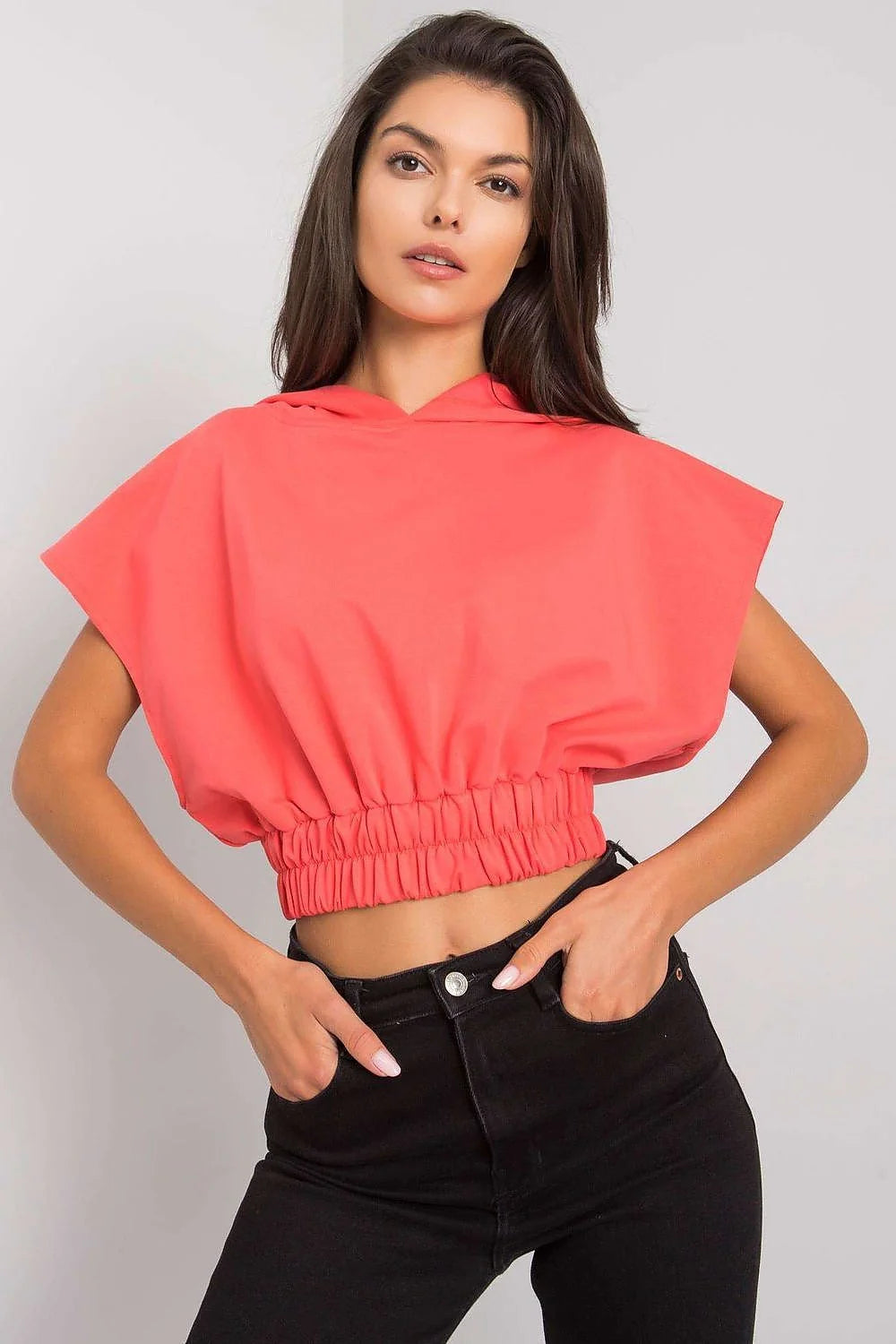 Sweatshirt femme Fancy style moderne couleur turquoise large manches courtes capuche élastique coton polyester