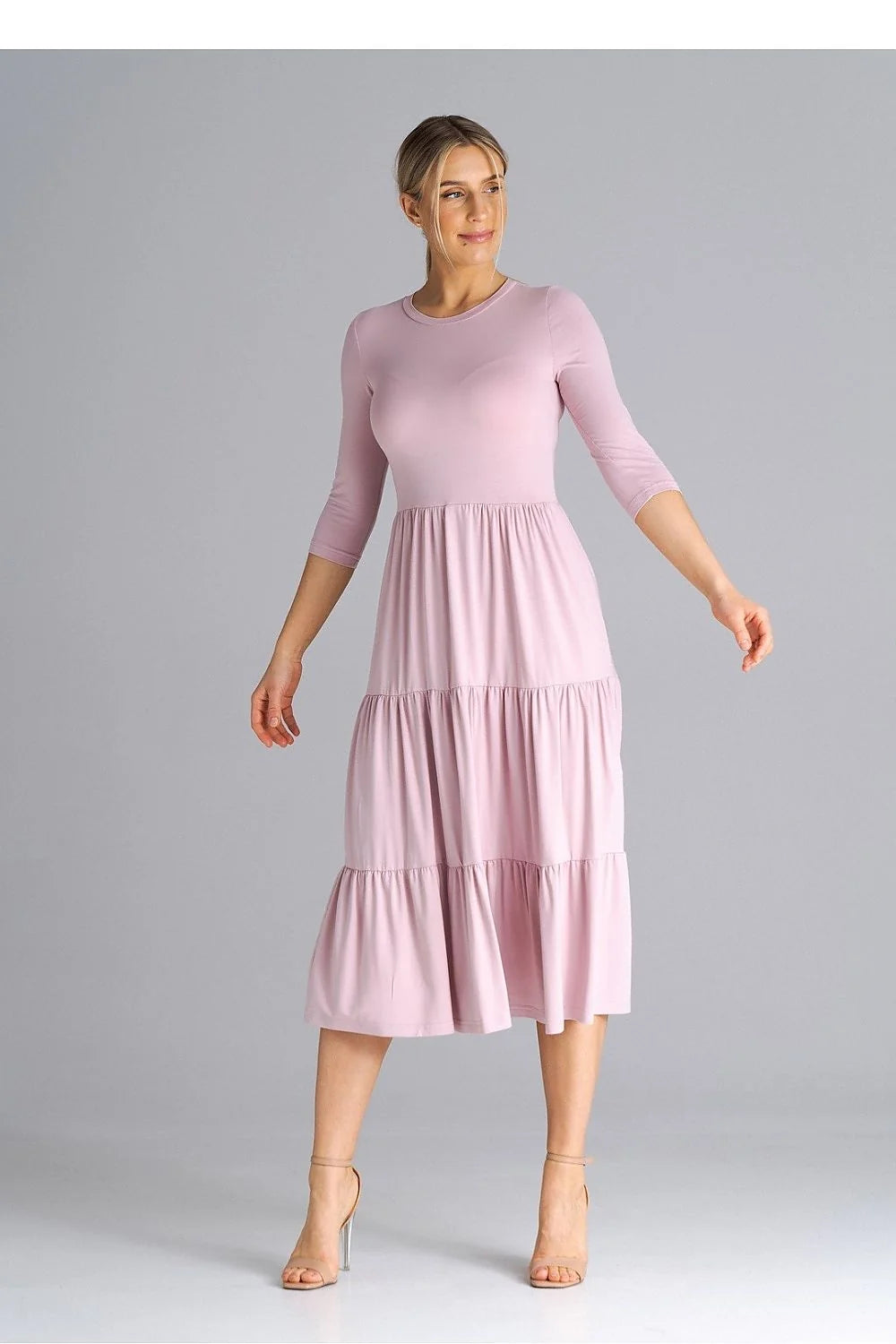 Robe de jour élégante en tissu léger manches 3/4 taille haute fronces à la jupe couleur rose pâle pour femme