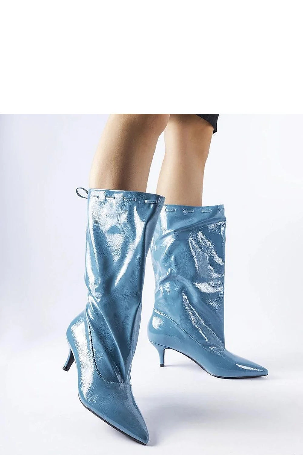 bottes bleu ciel talons bas kitten mi mollet verni similicuir écologique doublure chaude facile enfiler pointu