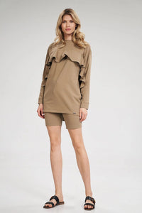 Ensemble femme coton élasthanne style décontracté élégant haut manches longues volants short tendance confortable