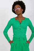 Chemisier Rue Paris vert vif maille côtelée dentelle manches longues pantalon taille haute femme