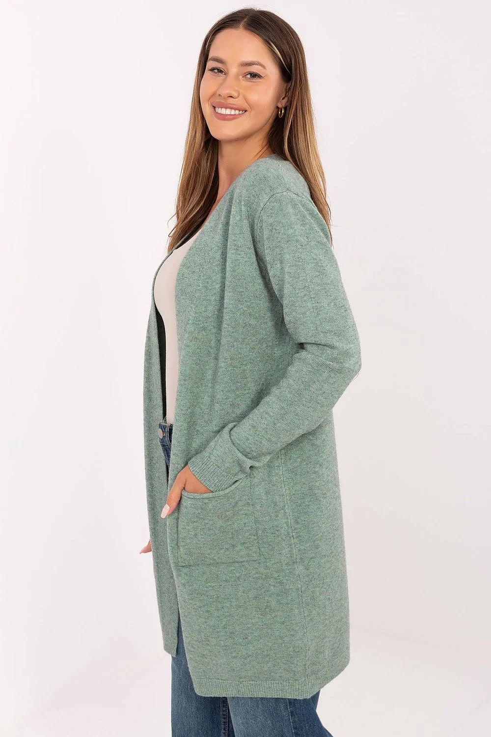 cardigan long femme ouvert gilet mi cuisse coupe droite décontractée manches longues poches plaquées maille douce vert sauge